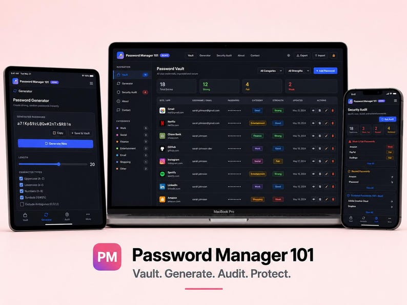 Pode incluir: Um port&aacute;til, um tablet e um smartphone exibindo a interface do Password Manager 101 com um tema escuro. Os ecr&atilde;s mostram um cofre de palavras-passe, um gerador e uma auditoria de seguran&ccedil;a. O texto diz Password Manager 101 Vault. Generate. Audit. Protect.