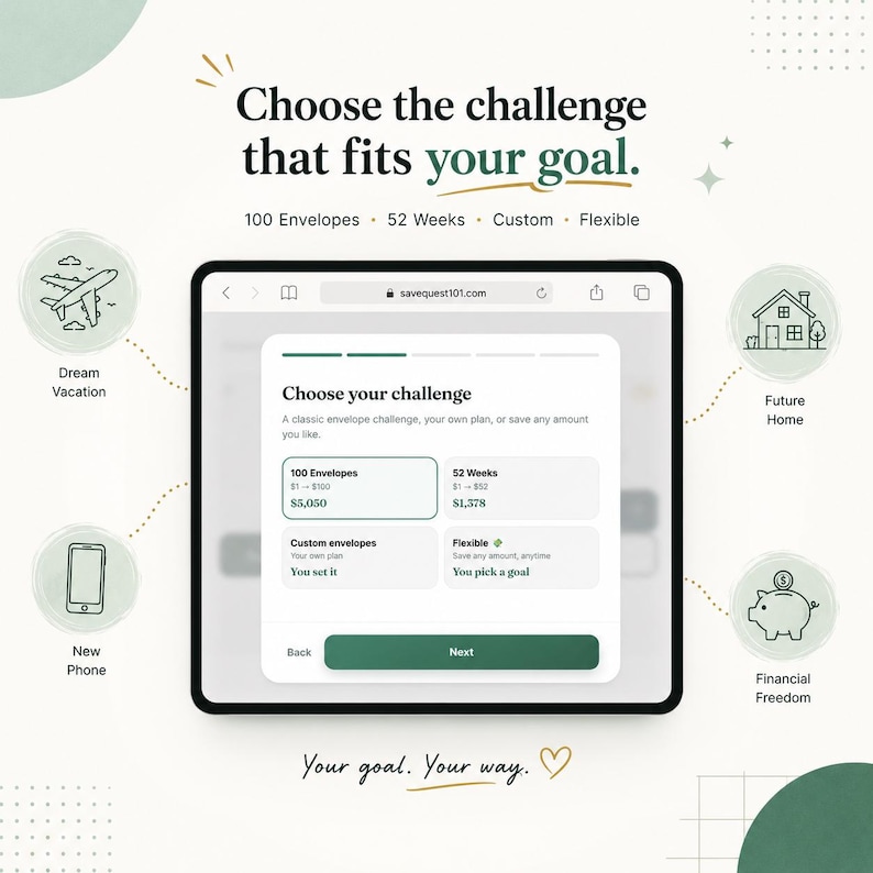 May include: A digital interface on a tablet screen titled Choose your challenge, offering options for 100 Envelopes, 52 Weeks, Custom envelopes, and Flexible savings plans. The text Choose the challenge that fits your goal appears above the screen.
