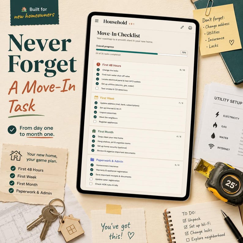 May include: A digital tablet displaying a Move-In Checklist for new homeowners, featuring sections for the first 48 hours, first week, first month, and paperwork. The screen shows a 72% progress bar, alongside a tape measure, keys, and notes.