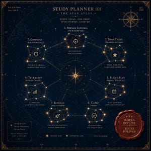 May include: A dark blue study planner chart titled Study Planner 101 The Star Atlas, featuring seven numbered sections arranged in a circular constellation pattern. Each section includes a gold icon, text labels, and a wax seal reading Works Offline Yours Forever.