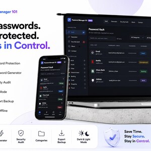 Pode incluir: Um computador port&aacute;til e um smartphone exibem a interface do Password Manager 101 com um tema escuro. O ecr&atilde; mostra uma lista de cofre de palavras-passe com entradas para Gmail, Netflix, Chase Bank e GitHub. O texto inclui Your Passwords.