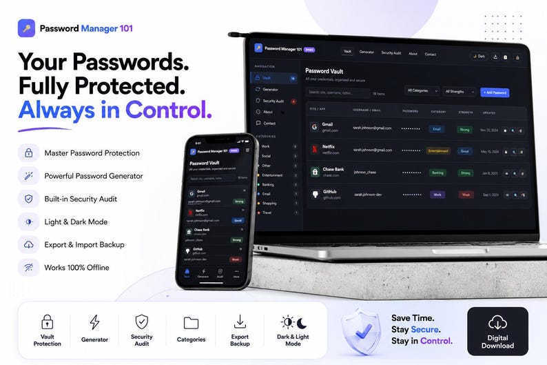Pode incluir: Um computador port&aacute;til e um smartphone exibem a interface do Password Manager 101 com um tema escuro. O ecr&atilde; mostra uma lista de cofre de palavras-passe com entradas para Gmail, Netflix, Chase Bank e GitHub. O texto inclui Your Passwords.