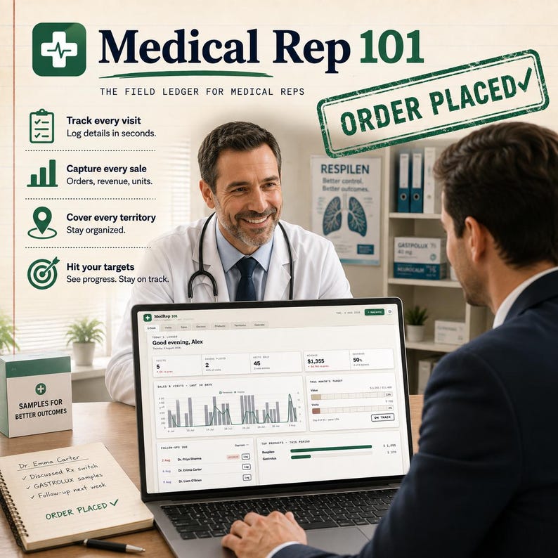 Pu&ograve; includere: Una grafica di marketing digitale per Medical Rep 101 che mostra un portatile con una dashboard di vendita, un blocco note con appunti scritti a mano e un timbro verde con la scritta ORDER PLACED. Il testo include Track every visit, Capture every sale, Cover every territory e Hit your targets.