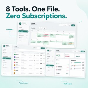 May include: A digital dashboard interface titled 8 Tools. One File. Zero Subscriptions. featuring three distinct views: a calendar with appointment slots, a patient history list with contact details, and a financial summary showing profit and loss data.
