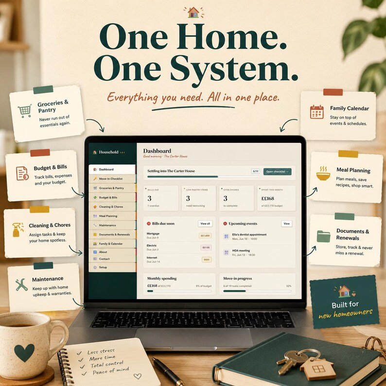 May include: A laptop displaying a digital household management dashboard titled One Home. One System. surrounded by informational cards for groceries, budget, chores, meal planning, documents, and calendar, with a notebook and keys nearby.