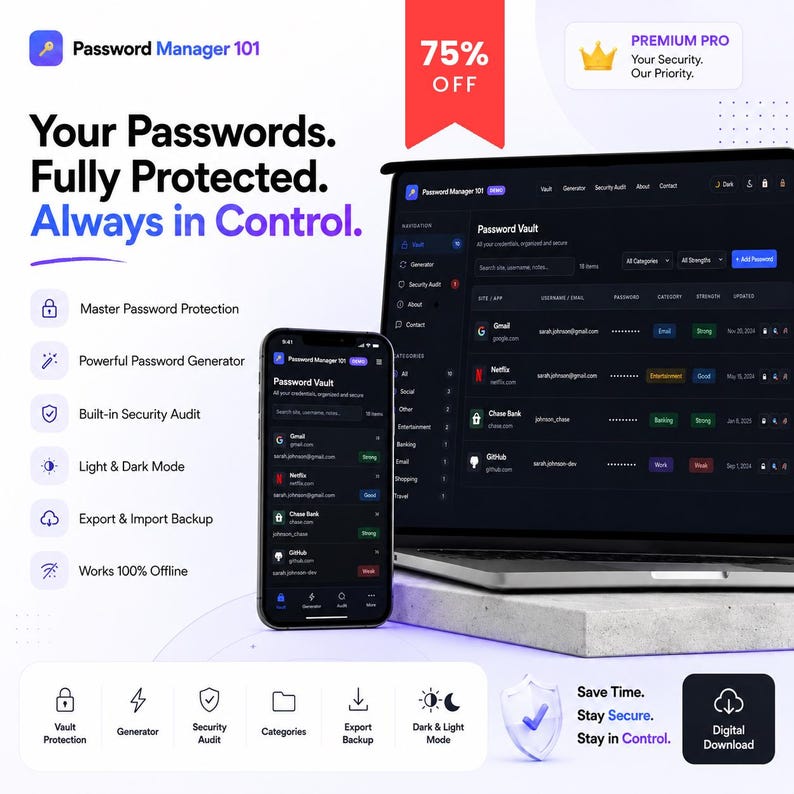 Pode incluir: Uma interface digital para o Password Manager 101 exibida num smartphone e num ecr&atilde; de computador port&aacute;til. O software inclui um cofre em modo escuro, gerador de palavras-passe, auditoria de seguran&ccedil;a e funcionalidade offline. O texto inclui Your Passwords. Fully Protected. Always in Control.