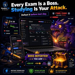 May include: A digital study dashboard interface displayed on a laptop and smartphone, featuring a purple dragon boss, a character avatar, and text including Every Exam Is a Boss. Studying Is Your Attack. Boss Defeated! You Win! and Study Attack -120 HP.