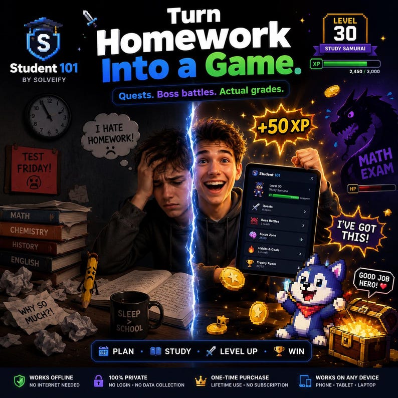 May include: A digital advertisement for Student 101 by Solveify featuring a split-screen design. On the left, a stressed student sits with books and a mug labeled Sleep > School. On the right, a happy student holds a tablet showing game-like progress.