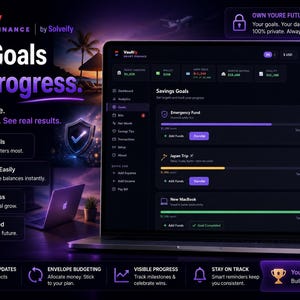 Op de afbeelding: Een laptop toont een financi&euml;le app-interface met een donker thema en paarse accenten. De app, "Vaultly Smart Finance", volgt spaardoelen en toont voortgangsbalken en financi&euml;le gegevens. De tekst "Turn Goals Into Progress" is ook zichtbaar.