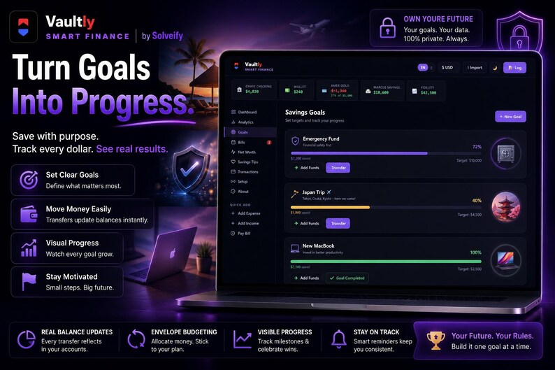 Op de afbeelding: Een laptop toont een financi&euml;le app-interface met een donker thema en paarse accenten. De app, "Vaultly Smart Finance", volgt spaardoelen en toont voortgangsbalken en financi&euml;le gegevens. De tekst "Turn Goals Into Progress" is ook zichtbaar.