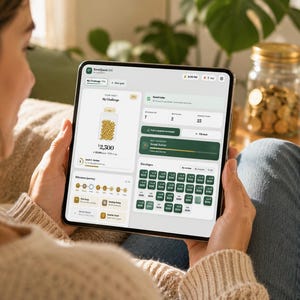 May include: A tablet displaying the SaveQuest app interface, featuring a financial savings challenge dashboard with a digital jar graphic, a milestone journey tracker, and a grid of numbered envelopes for tracking progress toward a $2,300 goal.