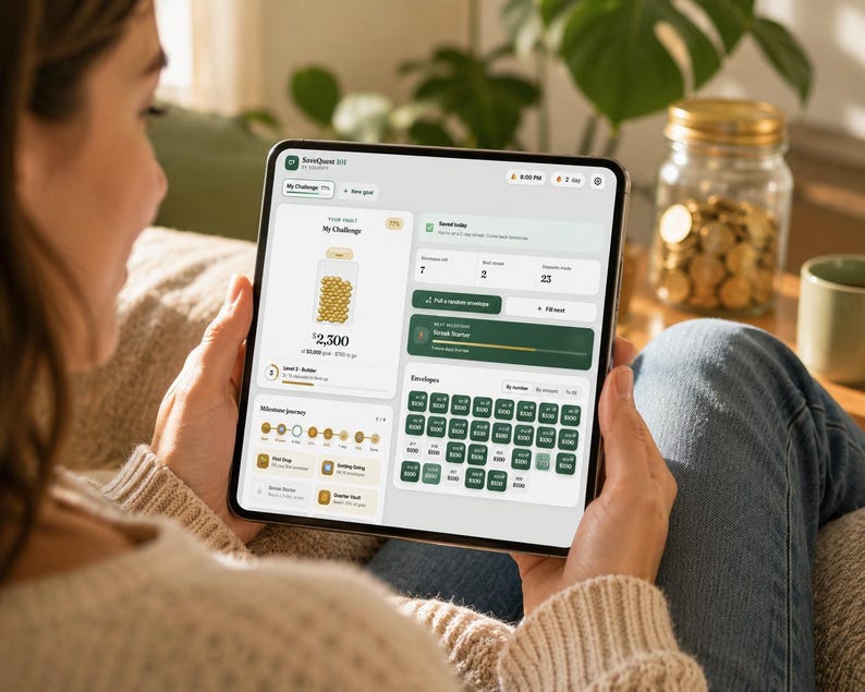 May include: A tablet displaying the SaveQuest app interface, featuring a financial savings challenge dashboard with a digital jar graphic, a milestone journey tracker, and a grid of numbered envelopes for tracking progress toward a $2,300 goal.