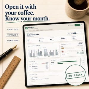 Pu&ograve; includere: Un tablet che mostra la dashboard MedRep101 con metriche di vendita, grafici e il testo 'Open it with your coffee. Know your month.' Una penna stilografica, un righello di legno e una tazza di caff&egrave; sono vicini. Lo schermo evidenzia 'ON TRACK'.