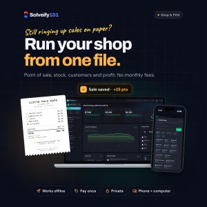 May include: A digital dashboard interface for Solveify101 displayed on a laptop and smartphone, featuring sales analytics, a point of sale system, and a printed receipt for Little Fern Cafe with a total of $25.75 and a notification of Sale saved +25 pts.