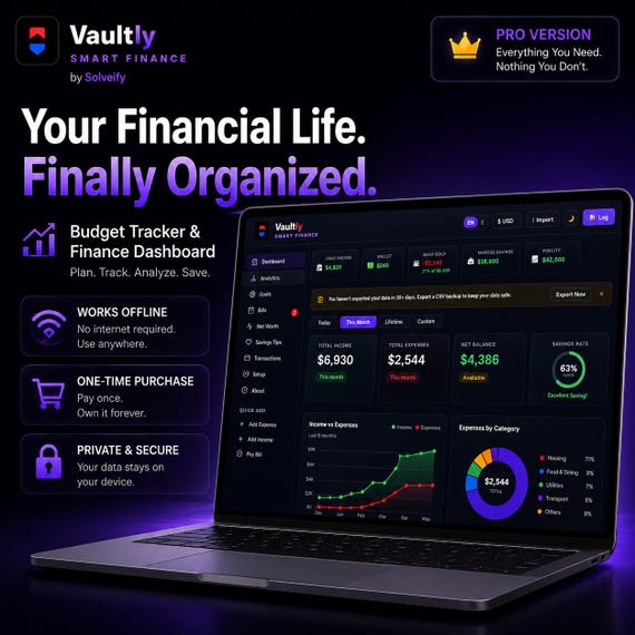 Vault Finance Dashboard | Offline Expense Tracker, Bill Planner (One-Time Purchase)
