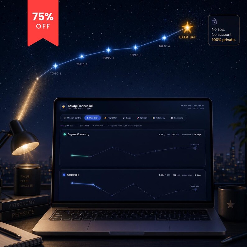 May include: A laptop displaying a Study Planner 101 interface with dark mode, showing Organic Chemistry and Calculus II progress charts. Above the screen, a glowing star chart graphic illustrates topics leading to Exam Day. A desk lamp illuminates the scene.