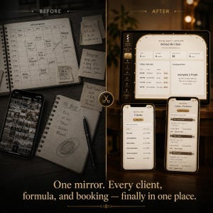 May include: A split-screen comparison showing a paper appointment book, a smartphone with a photo gallery, and a notepad on the left, contrasted with a tablet and two smartphones displaying a digital salon management application on the right.