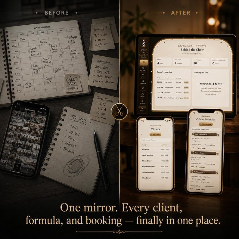 May include: A split-screen comparison showing a paper appointment book, a smartphone with a photo gallery, and a notepad on the left, contrasted with a tablet and two smartphones displaying a digital salon management application on the right.