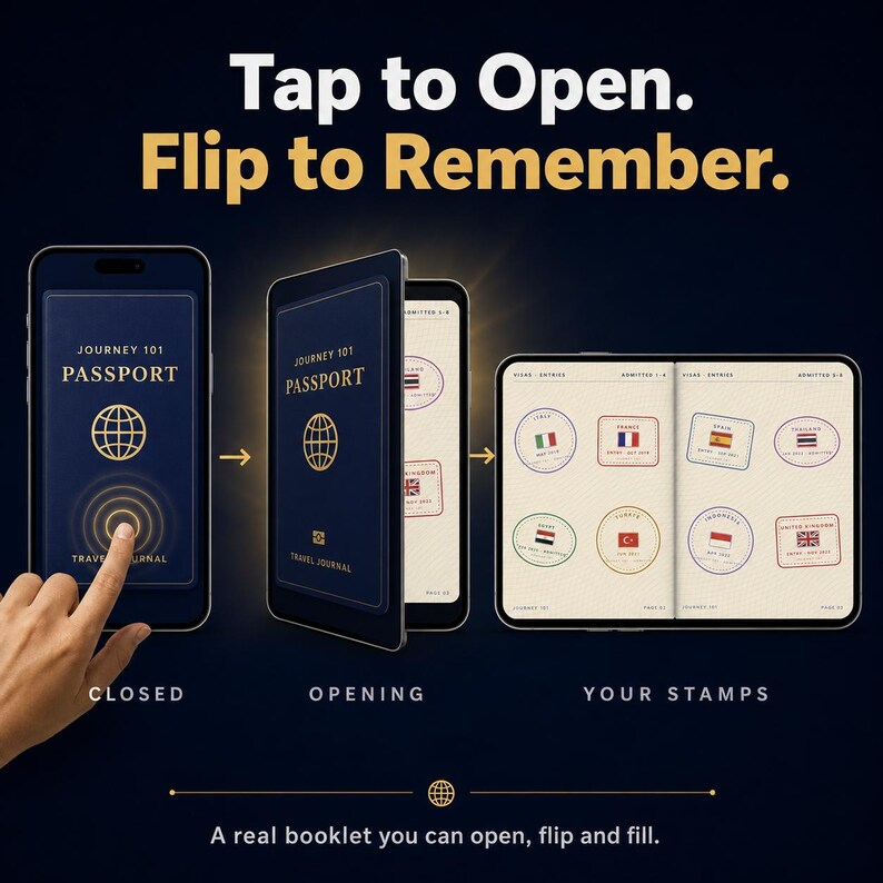 May include: A digital graphic showing a Journey 101 Passport travel journal. The text reads Tap to Open. Flip to Remember. It displays a smartphone screen, a partially opened journal, and an open journal showing pages with various country stamps.