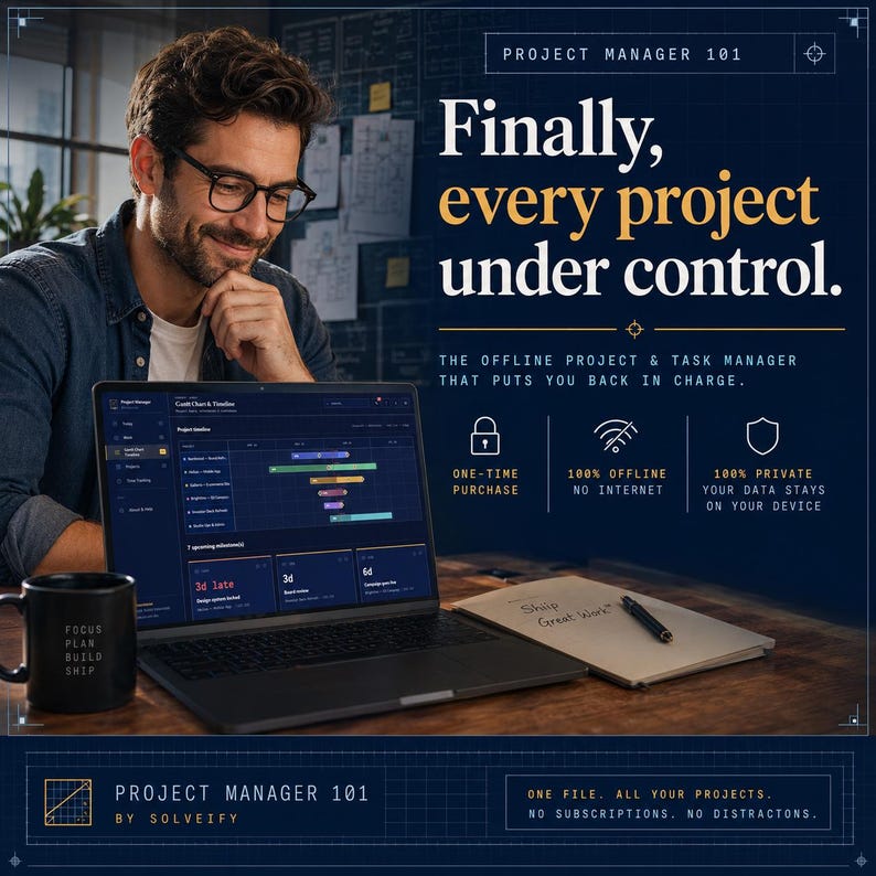 May include: A laptop displaying Project Manager 101 software with a Gantt chart and timeline. Text reads: Finally, every project under control. The offline project & task manager that puts you back in charge. One-time purchase, 100% offline, 100% private.