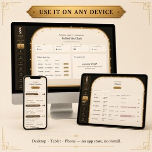 May include: A desktop computer, tablet, and smartphone displaying a salon management software interface with a cream and black color scheme. The screens show scheduling, client lists, and color formulas. Text reads USE IT ON ANY DEVICE.