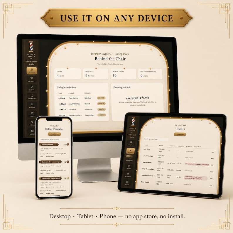 May include: A desktop computer, tablet, and smartphone displaying a salon management software interface with a cream and black color scheme. The screens show scheduling, client lists, and color formulas. Text reads USE IT ON ANY DEVICE.