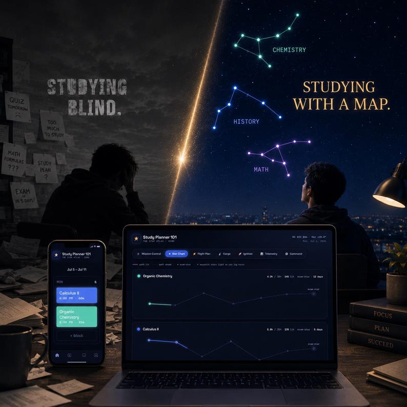 May include: A digital study planner interface displayed on a laptop screen and a smartphone, showing academic schedules and progress charts. The screen displays text including Study Planner 101, Organic Chemistry, and Calculus II, with a dark theme.
