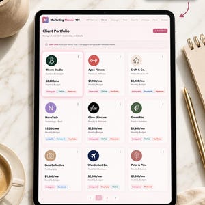 May include: A digital tablet displaying a marketing planner interface. The screen shows a client portfolio with various brand icons and details, including monthly budgets. The interface includes options to add brands and links.