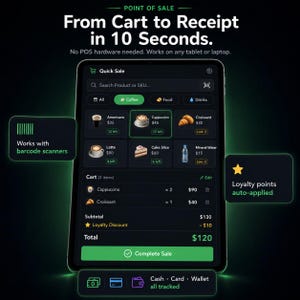 Puede incluir: Una pantalla de tableta que muestra una interfaz de punto de venta con el texto "From Cart to Receipt in 10 Seconds." La aplicaci&oacute;n de tema oscuro muestra categor&iacute;as de productos, precios, un resumen del carrito, descuento de lealtad y opciones de pago.