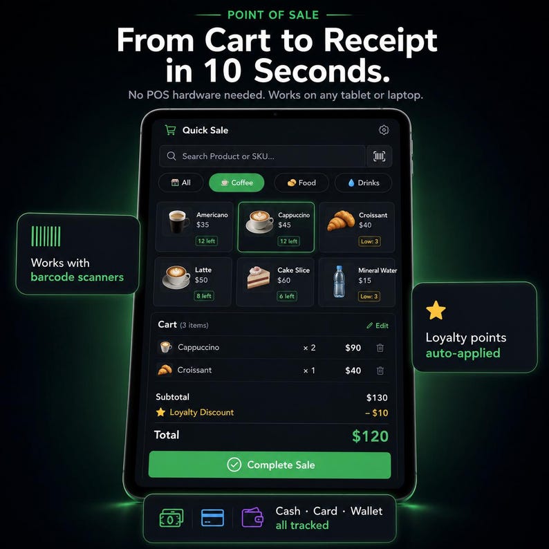 Puede incluir: Una pantalla de tableta que muestra una interfaz de punto de venta con el texto "From Cart to Receipt in 10 Seconds." La aplicaci&oacute;n de tema oscuro muestra categor&iacute;as de productos, precios, un resumen del carrito, descuento de lealtad y opciones de pago.