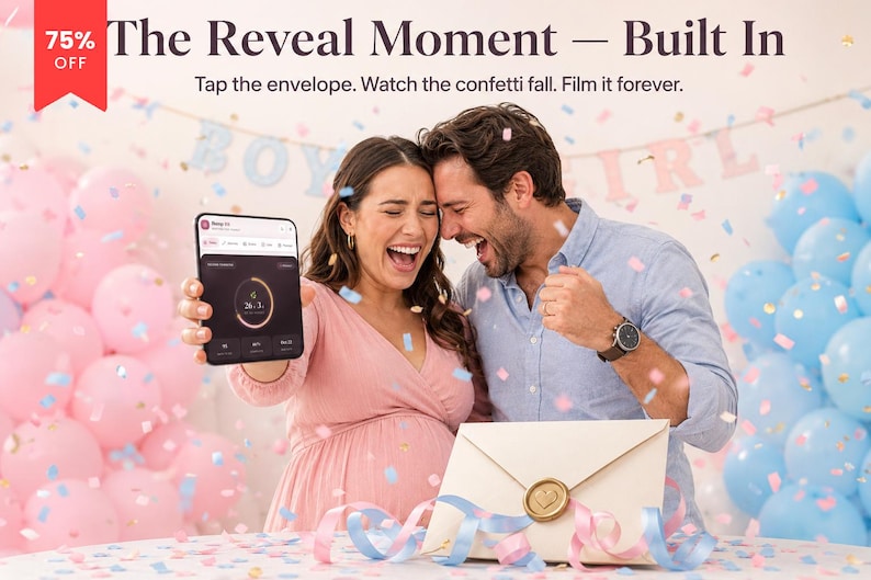 May include: A digital tablet displaying a circular interface with the text 26.3, held alongside a cream-colored envelope sealed with a gold wax stamp. The text reads The Reveal Moment &mdash; Built In. Tap the envelope. Watch the confetti fall. Film it forever.