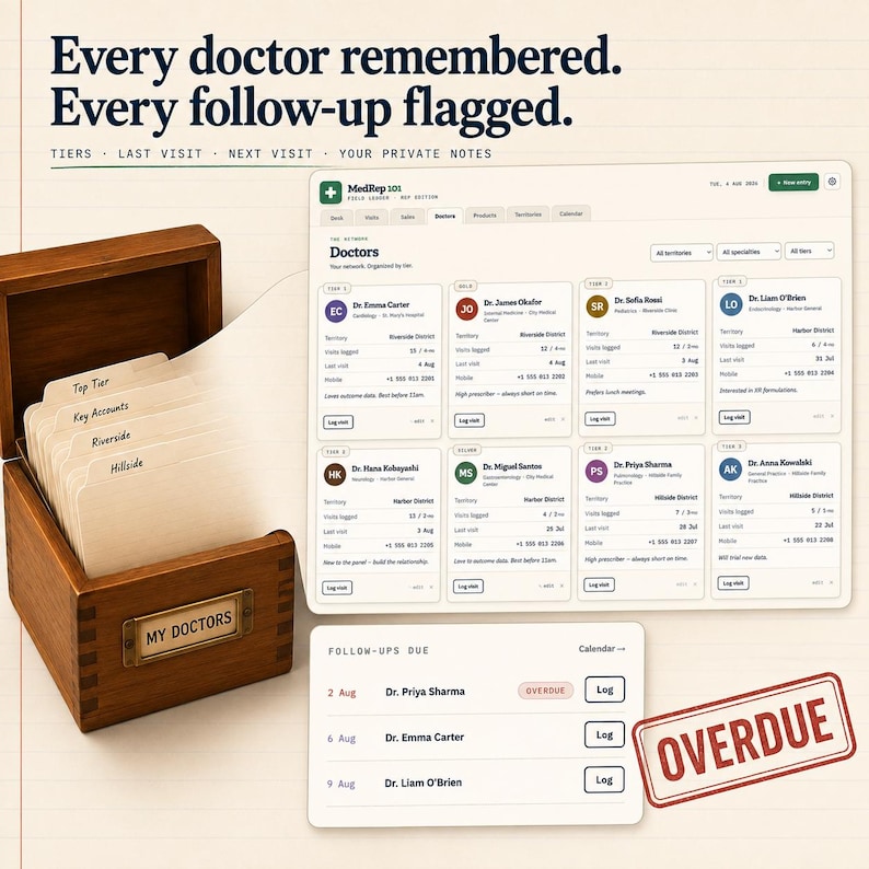 Pu&ograve; includere: Una scatola portaschede in legno con l'etichetta MY DOCTORS contenente schede indicizzate, visualizzata accanto a un'interfaccia digitale intitolata MedRep 101. Lo schermo mostra profili medici, liste di follow-up e un timbro rosso OVERDUE.