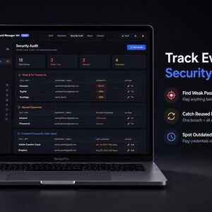 Pode incluir: Um computador port&aacute;til exibindo uma interface de gerenciador de senhas em tema escuro intitulada Security Audit. A tela mostra listas de senhas fracas, reutilizadas e obsoletas. &Agrave; direita, o texto diz: Track Every Security Risk, Find Weak Passwords, Catch Reused Passwords, and Spot Outdated Passwords.