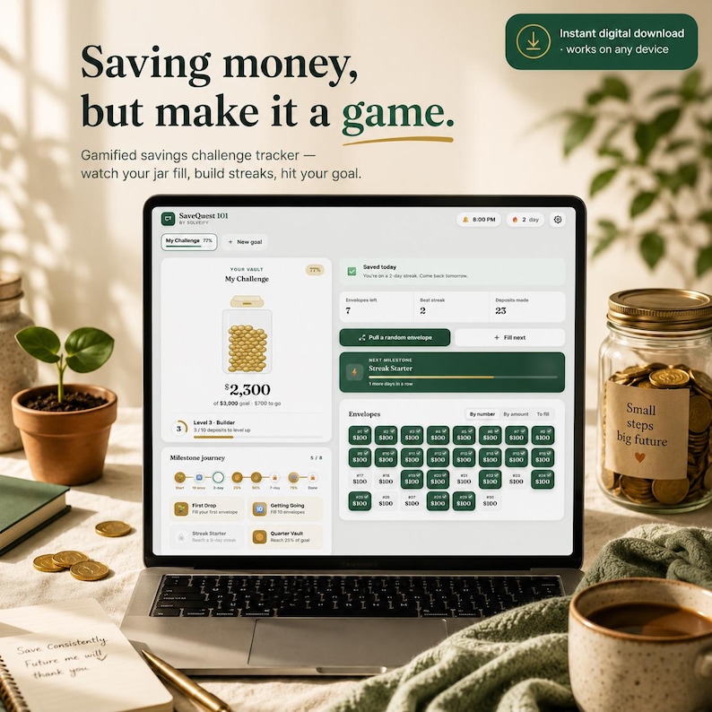 May include: A laptop screen displaying the SaveQuest 101 gamified savings challenge tracker interface. The dashboard features a digital jar graphic, a $2,300 savings total, a milestone journey progress bar, and a grid of $100 envelope icons.