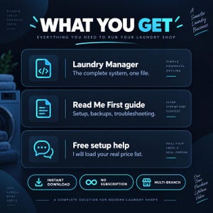 May include: A digital infographic titled WHAT YOU GET, detailing a laundry business management system. It lists Laundry Manager, Read Me First guide, and Free setup help with icons. Bottom buttons indicate instant download, no subscription, and multi-branch.