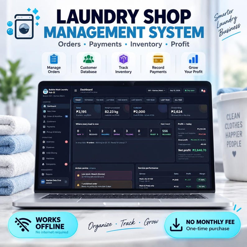 May include: A laptop displaying a dark-themed Laundry Shop Management System dashboard with metrics for orders, payments, inventory, and profit. The screen shows text including Laundry Shop Management System, Manage Orders, and No Monthly Fee.