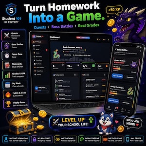 May include: A digital interface for Student 101 by Solveify displayed on a laptop and smartphone, featuring a dark theme with a purple dragon mascot, quest trackers, boss battle exam modules, and a treasure chest icon with gold coins.