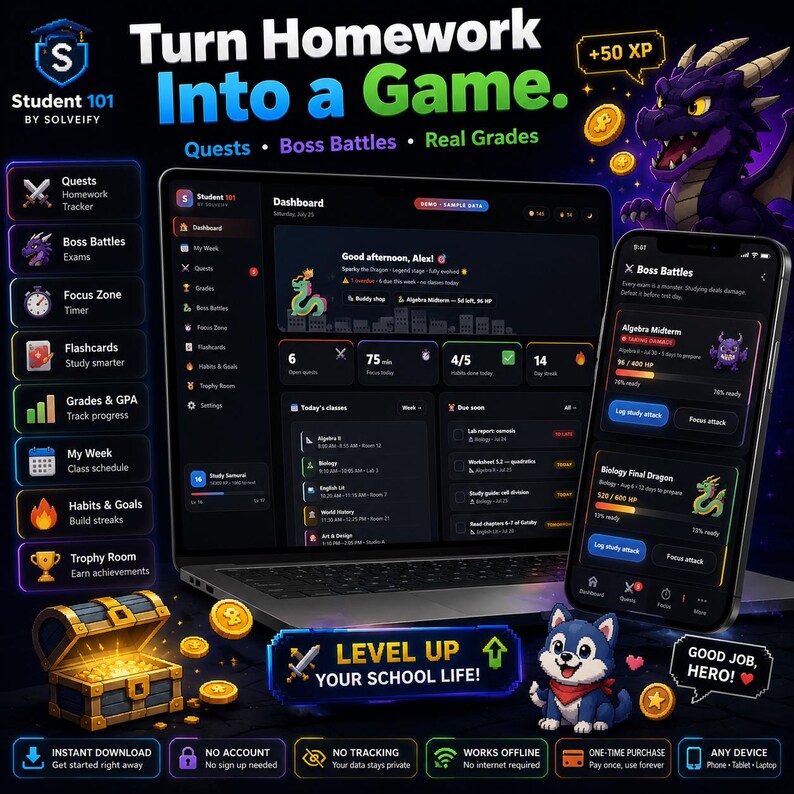 May include: A digital interface for Student 101 by Solveify displayed on a laptop and smartphone, featuring a dark theme with a purple dragon mascot, quest trackers, boss battle exam modules, and a treasure chest icon with gold coins.