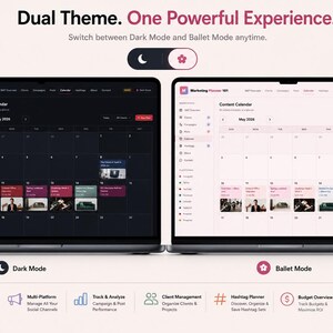 May include: Two laptops side-by-side display a content calendar interface in dark and light modes. The text "Dual Theme. One Powerful Experience" is at the top. The interface includes a calendar, icons, and the text "Marketing Planner 101".