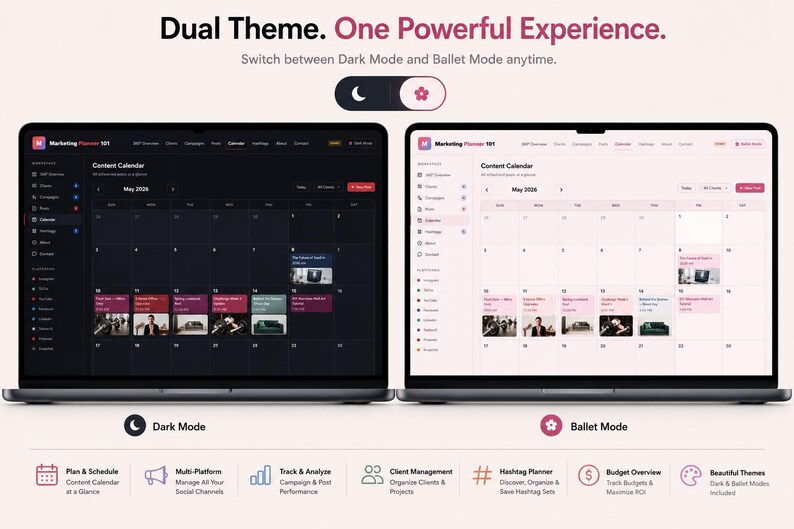May include: Two laptops side-by-side display a content calendar interface in dark and light modes. The text "Dual Theme. One Powerful Experience" is at the top. The interface includes a calendar, icons, and the text "Marketing Planner 101".