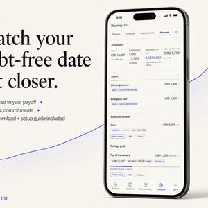 May include: A smartphone displaying the Runway 101 financial tracking application. The screen shows a dashboard with sections for assets, expected income, and savings goals, including text such as Watch your debt-free date get closer.