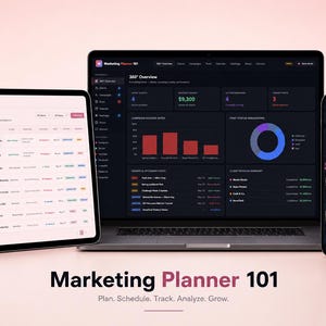 May include: A digital marketing planner interface displayed on a tablet, laptop, and smartphone. The devices show data visualizations and a content calendar. The text "Marketing Planner 101" and the tagline "Plan. Schedule. Track. Analyze. Grow." are visible.