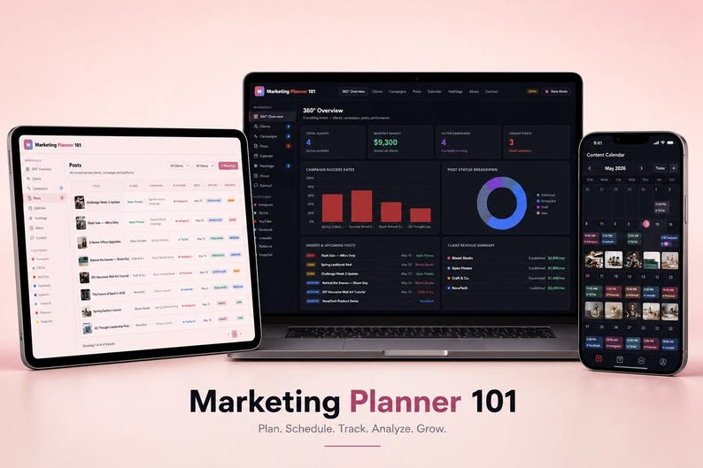 May include: A digital marketing planner interface displayed on a tablet, laptop, and smartphone. The devices show data visualizations and a content calendar. The text "Marketing Planner 101" and the tagline "Plan. Schedule. Track. Analyze. Grow." are visible.