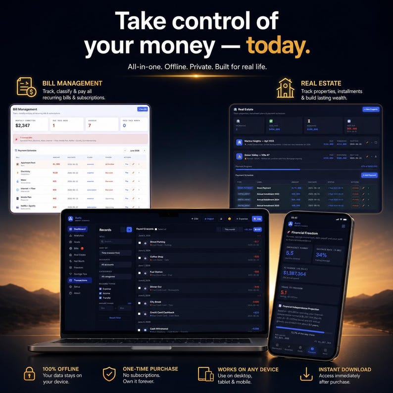 May include: A digital financial management software interface displayed on a laptop and smartphone. The screen shows dashboards for bill management, real estate tracking, and transaction records with dark mode themes and text reading Take control of your money.