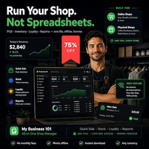 May include: A digital dashboard interface titled My Business 101 displayed on a laptop screen, featuring sales charts, revenue data, and inventory management tools. A red banner indicates 75% off. The text reads Run Your Shop. Not Spreadsheets.