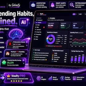 Op de afbeelding: Een laptopscherm toont een financieel dashboard met de tekst "Your Spending Habits, Explained. AI." De interface toont bestedingsanalyse, abonnementdetectie en besparingspotentieel. Het kleurenschema is donker met paarse en groene accenten.