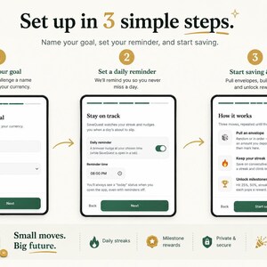 May include: An infographic titled Set up in 3 simple steps showing three digital screens. Step 1: Name your goal. Step 2: Set a daily reminder. Step 3: Start saving and play. The bottom section features a jar icon with the text Small moves. Big future.