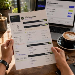 以下が含まれることがあります： CoachDeckと題された印刷済みの書類。サラ・エル・マスリーのクライアントポートフォリオが表示されており、週ごとの運動スケジュール、体重追跡グラフ、個人のプロフィール詳細が記載されている。ノートパソコンとコーヒーを背景に保持されている。