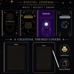 May include: A digital journal set titled Celestial Wonders featuring four notebook covers with sun, moon, and star motifs. Includes lined note pages, a digital tablet display with a stylus, and icons indicating printable, duplicatable, and hyperlink compatible features.