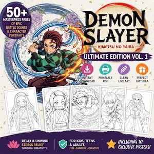May include: A Demon Slayer Kimetsu No Yaiba Ultimate Edition Vol. 1 digital coloring book cover featuring Tanjiro Kamado with water and fire effects, plus five black and white line art character illustrations and text detailing 50+ pages.